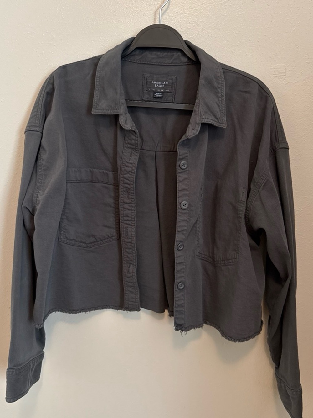 American Eagle Outfitters Gray Cropped Button-Up Jean Jacket
